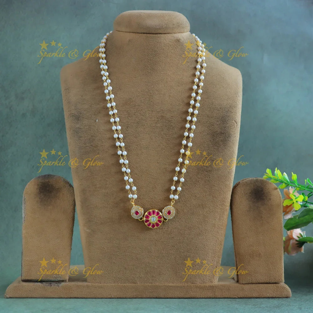 Grand Flower and dot design pendant carved Jadau pearl chain - Sparkle and Glow