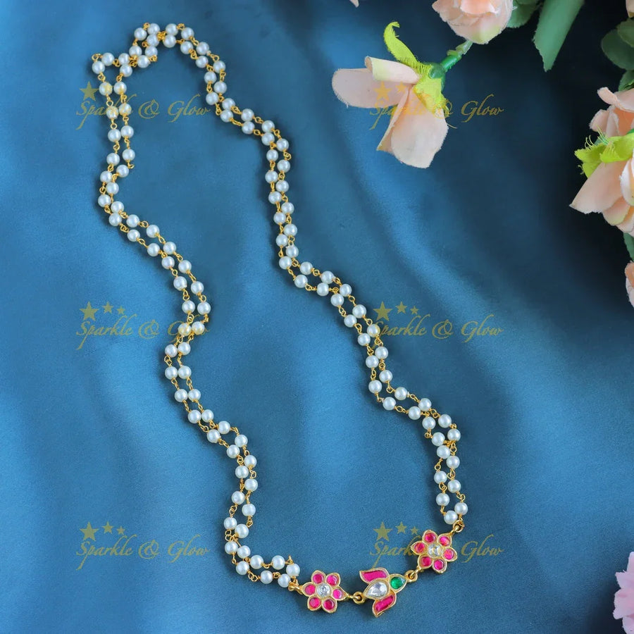 Gracious Lotus Floral pendant carved Jadau pearl chain - Sparkle and Glow