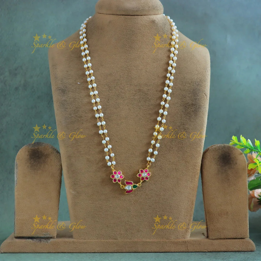 Gracious Lotus Floral pendant carved Jadau pearl chain - Sparkle and Glow