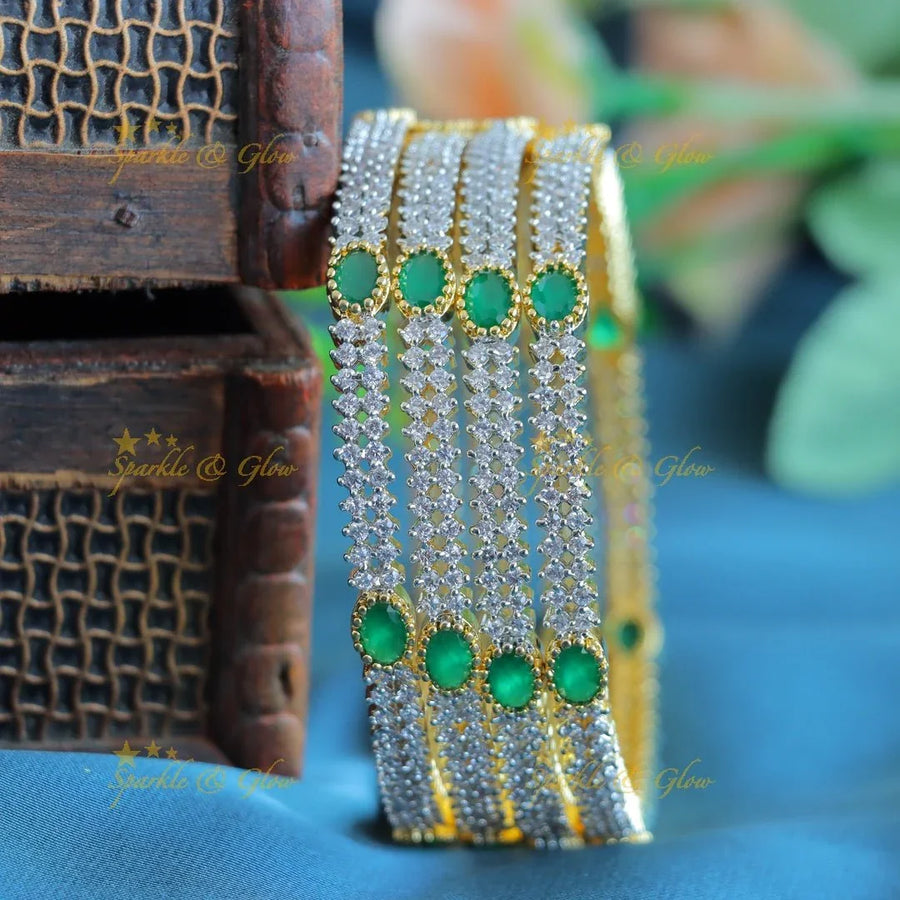 Gracious American Diamond Bangles with Oval shape Emerald stones,two pairs,green - Sparkle and Glow