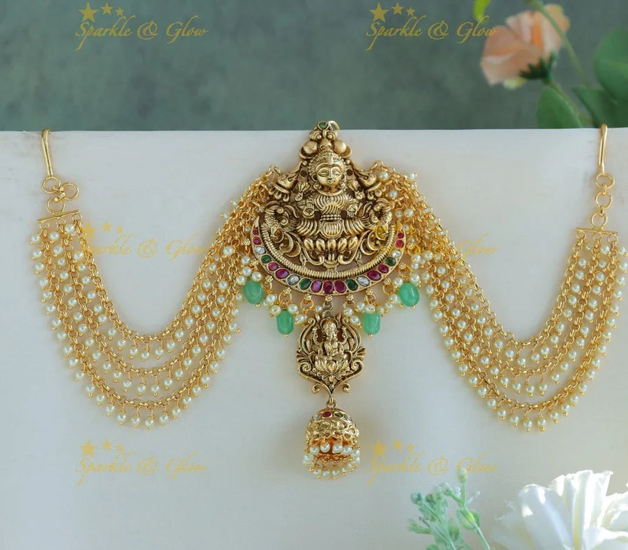 Gracious Idol Lakshmi Peacock carved jadabilla with pearl maatil - Sparkle and Glow