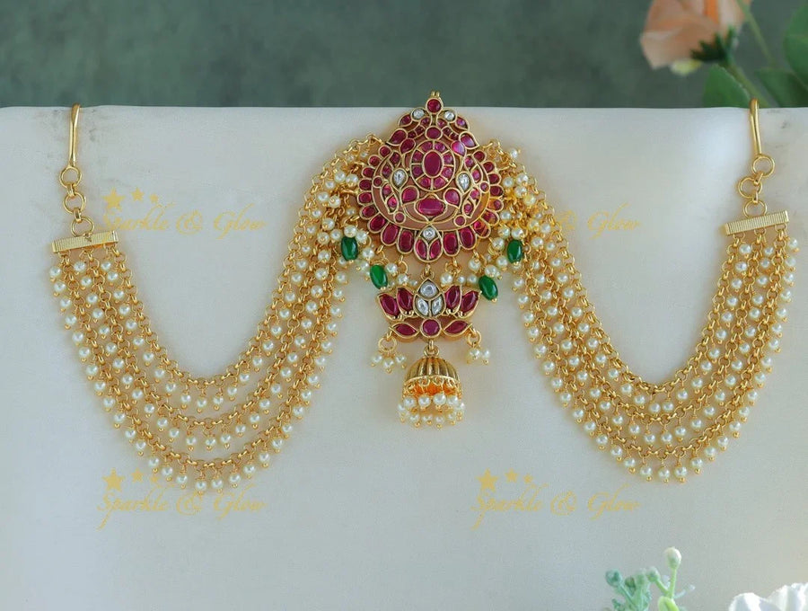 Elegant Kemp Peacock Lotus design jadabilla with pearl maatil-Multi - Sparkle and Glow