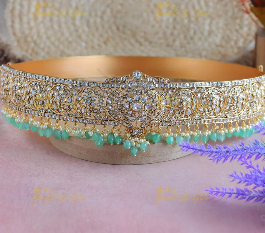 Gracious Kundan stones Floral design Bridal Hipbelt with Mintgreen beads - Sparkle and Glow