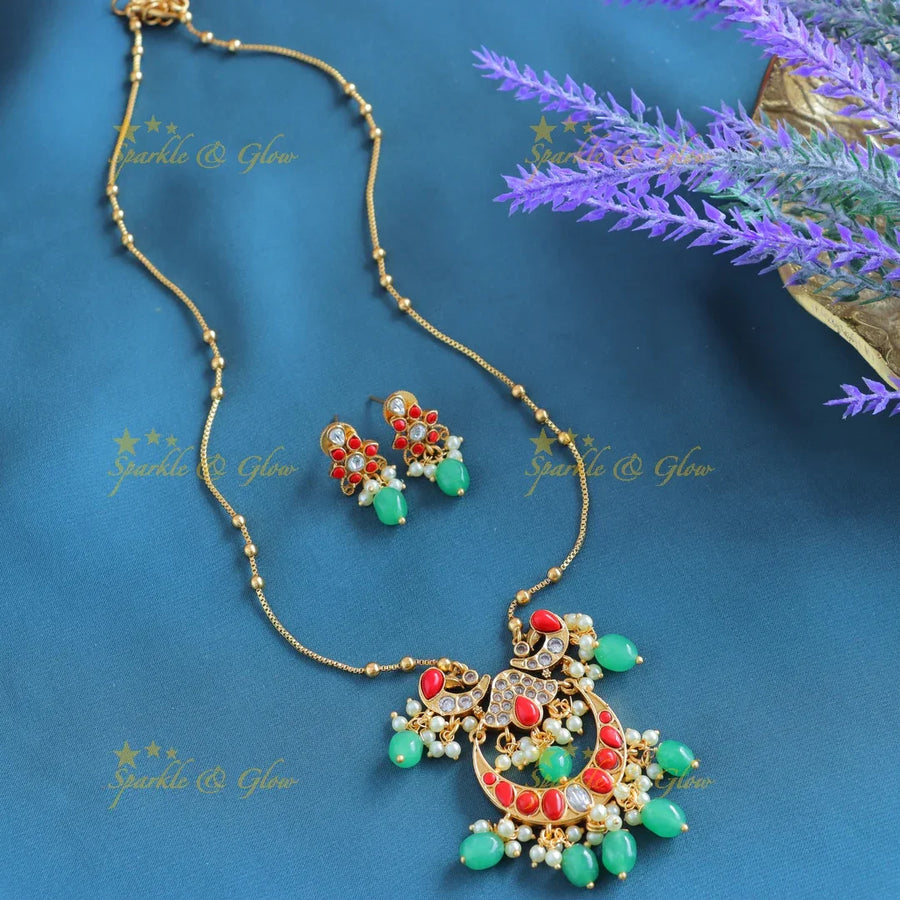 Gracious Kemp Half moon Peacock Floral Antique pendant chain-Coral - Sparkle and Glow