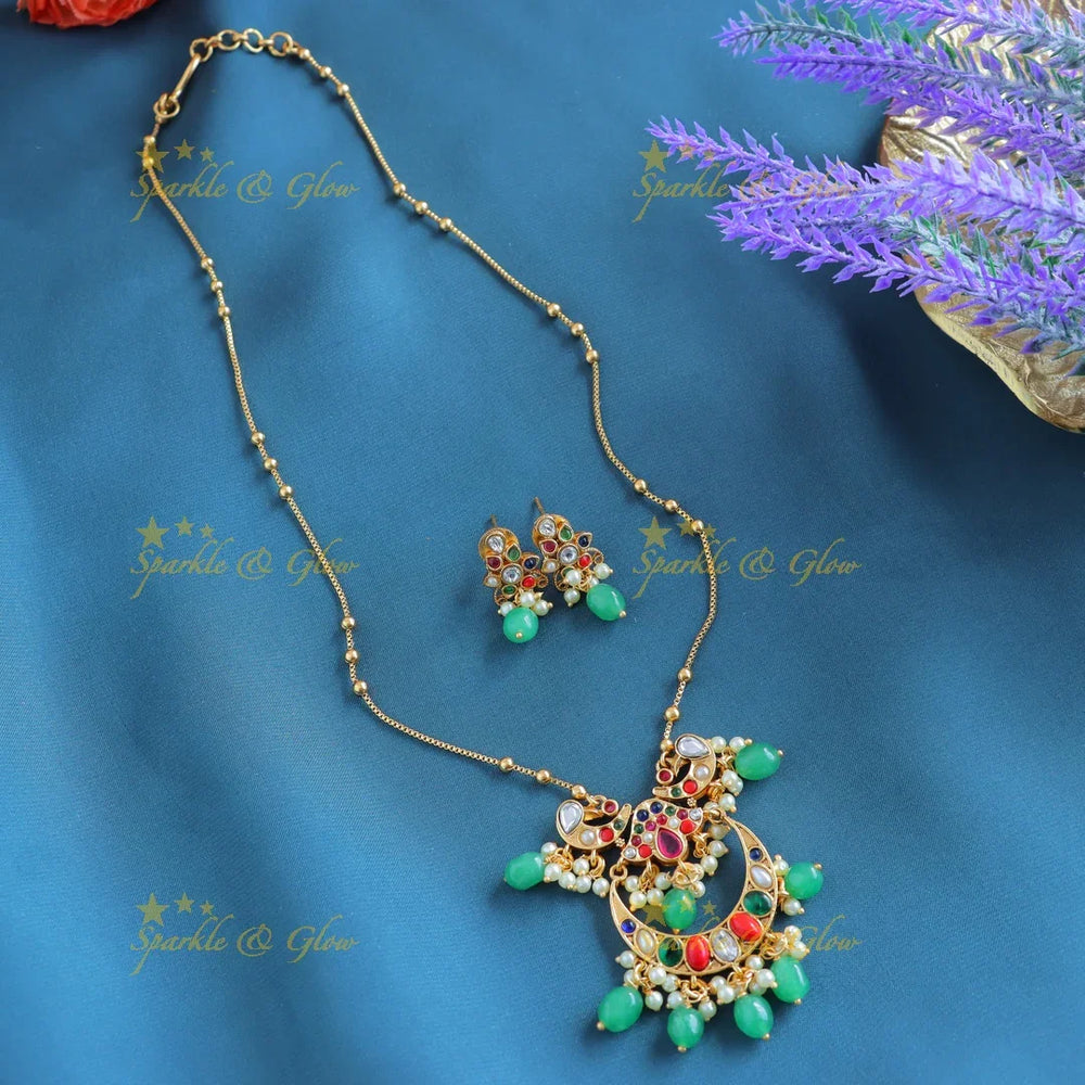 Gracious Kemp Half moon Peacock Floral Antique pendant chain-Coral - Sparkle and Glow