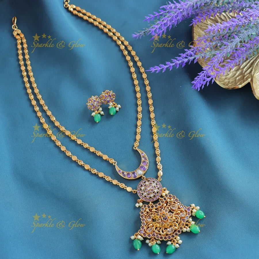 Grand Kemp Two layer moon Floral design pendant chain with green beads-Purple - Sparkle and Glow