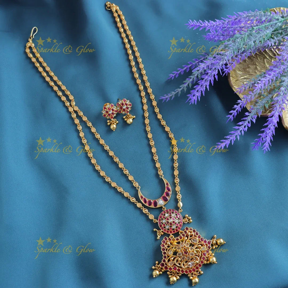 Grand Kemp Two layer moon Floral design pendant chain with green beads-Purple - Sparkle and Glow