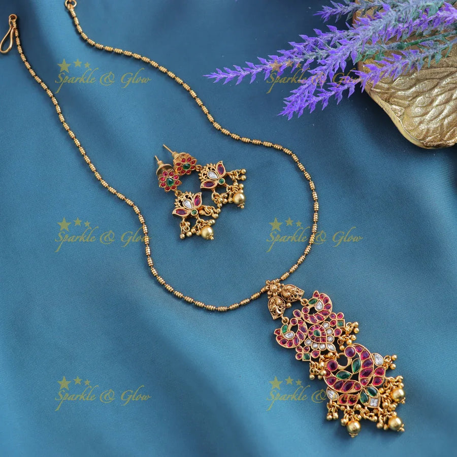 Beautiful Kemp Dual tone Peacock Mango Floral pendant chain with gold beads-Gold-multi - Sparkle and Glow