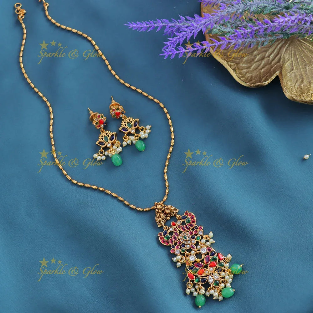 Beautiful Kemp Dual tone Peacock Mango Floral pendant chain with gold beads-Gold-multi - Sparkle and Glow
