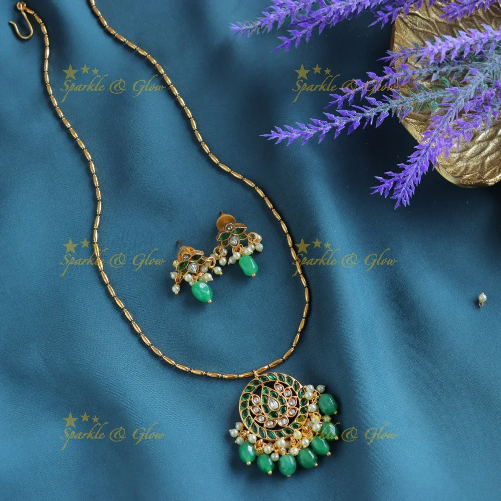 Elegant Lotus Floral pendant chain with green beads-Navarathna - Sparkle and Glow