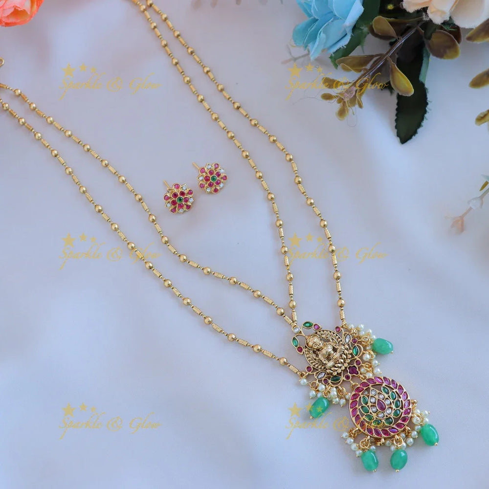 Gracious Idol Lakshmi Lotus Floral layered pendant chain with gold beads-Gold-multi - Sparkle and Glow