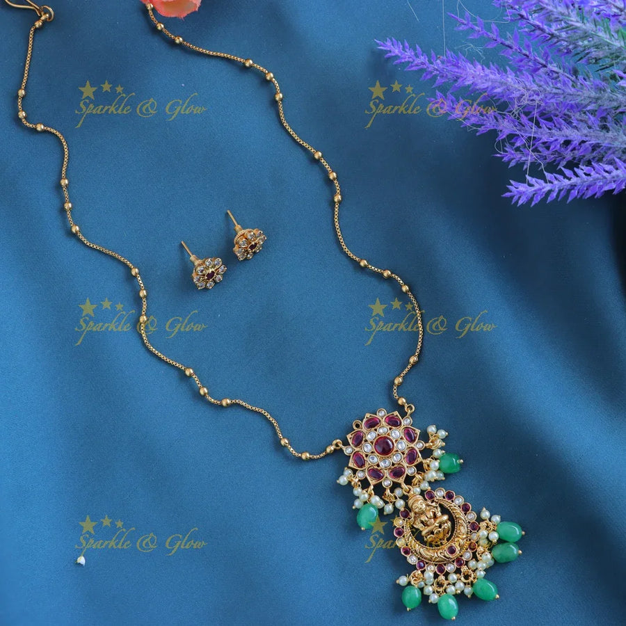 Elegant Idol Lakshmi Half moon Floral design Antique pendant chain with green beads-Ruby - Sparkle and Glow
