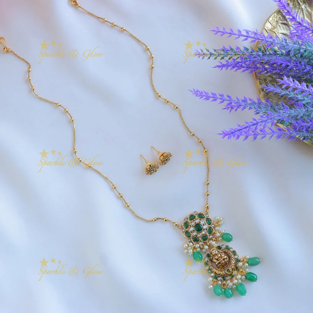 Elegant Idol Lakshmi Half moon Floral design Antique pendant chain with green beads-Ruby - Sparkle and Glow