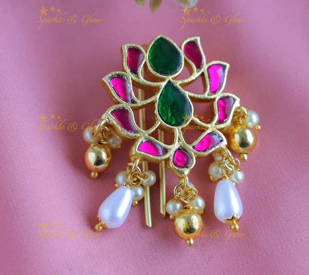 Sparkling Floral Leaf design Jadau Jadabilla-Gold-pearl - Sparkle and Glow