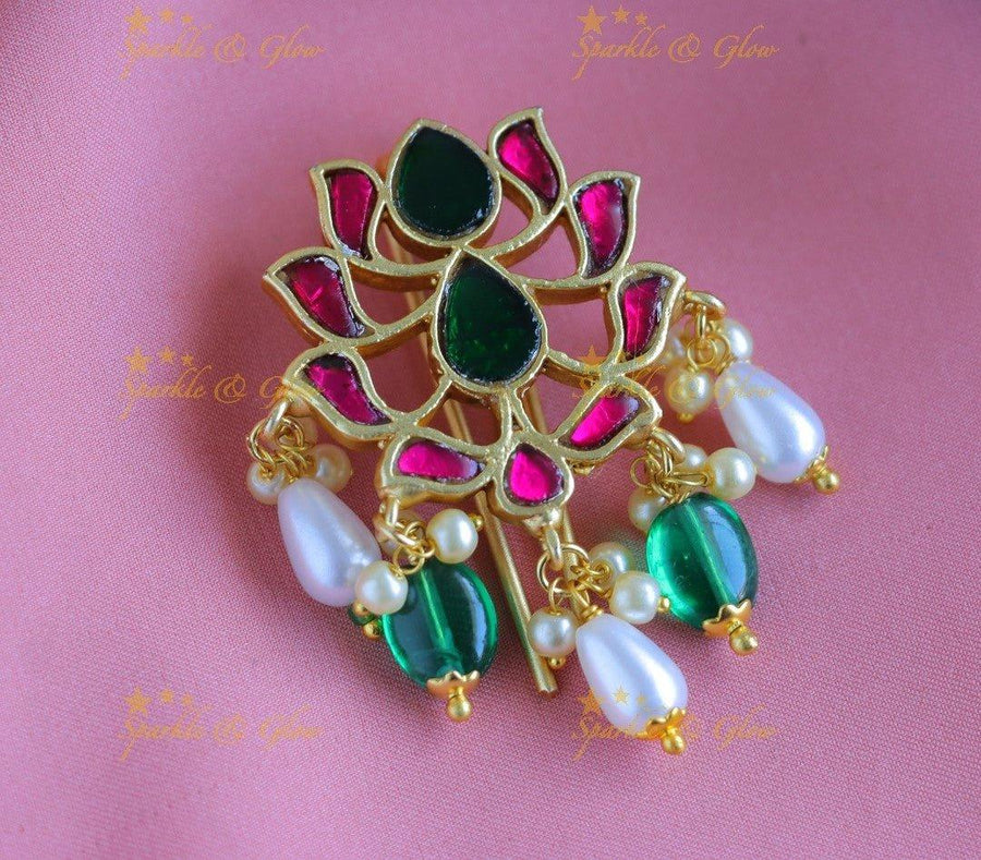 Sparkling Floral Leaf design Jadau Jadabilla-Gold-pearl - Sparkle and Glow