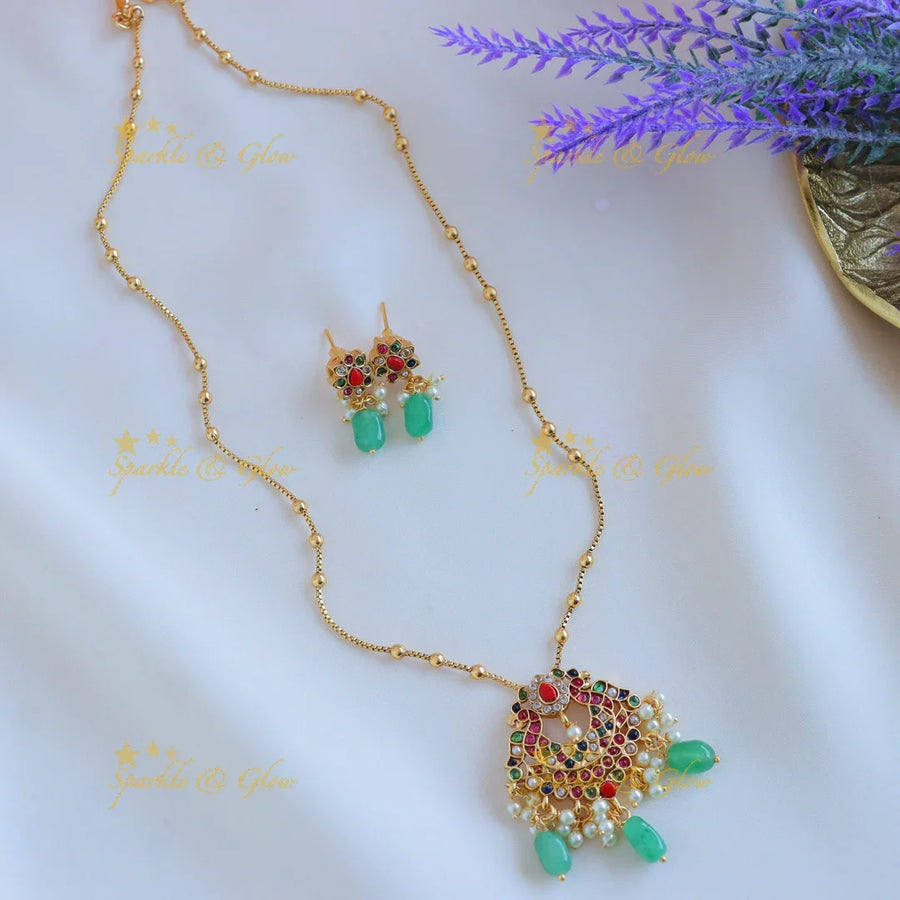 Sparkling Dual tone Peacock Floral pendant chain with green beads-Navarathna - Sparkle and Glow