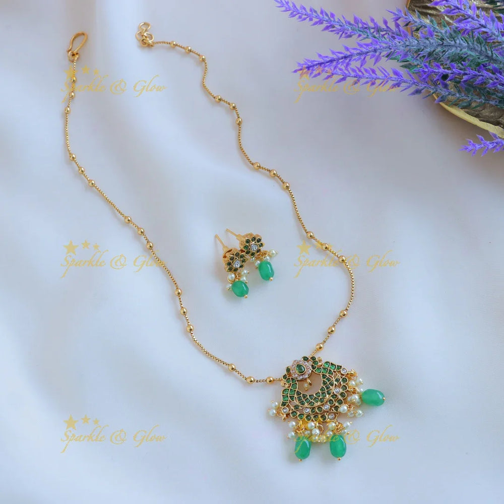 Sparkling Dual tone Peacock Floral pendant chain with green beads-Navarathna - Sparkle and Glow