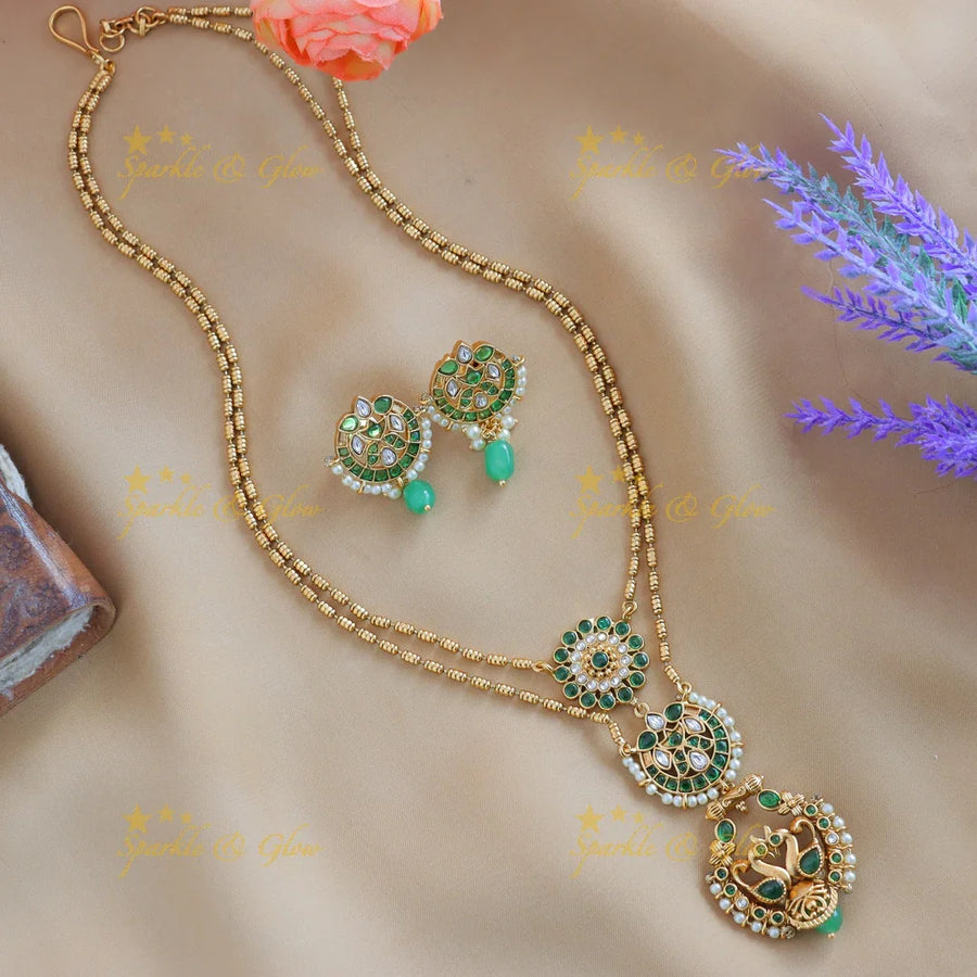 Elegant Dual tone Peacock Floral Layered pendant chain-Green - Sparkle and Glow