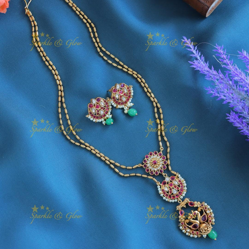 Elegant Dual tone Peacock Floral Layered pendant chain-Green - Sparkle and Glow