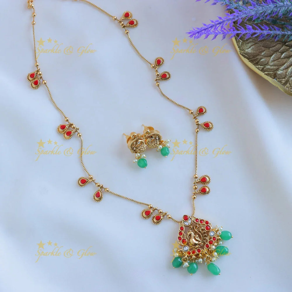 Elegant Dual tone Peacock Floral Antique pendant chain with green beads-Green - Sparkle and Glow