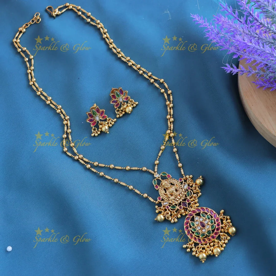 Gracious Idol Lakshmi Lotus Floral layered pendant chain with gold beads-Gold-multi - Sparkle and Glow