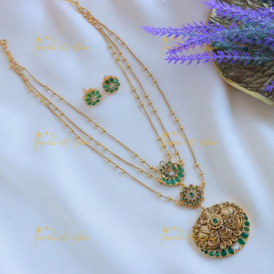 Grand Half moon Peacock Floral layered pendant chain-Green - Sparkle and Glow