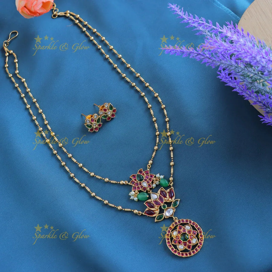 Elegant Kemp Lotus Floral layered Antique pendant chain-Multi - Sparkle and Glow