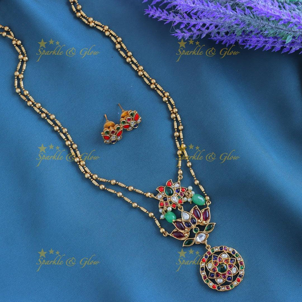 Elegant Kemp Lotus Floral layered Antique pendant chain-Multi - Sparkle and Glow