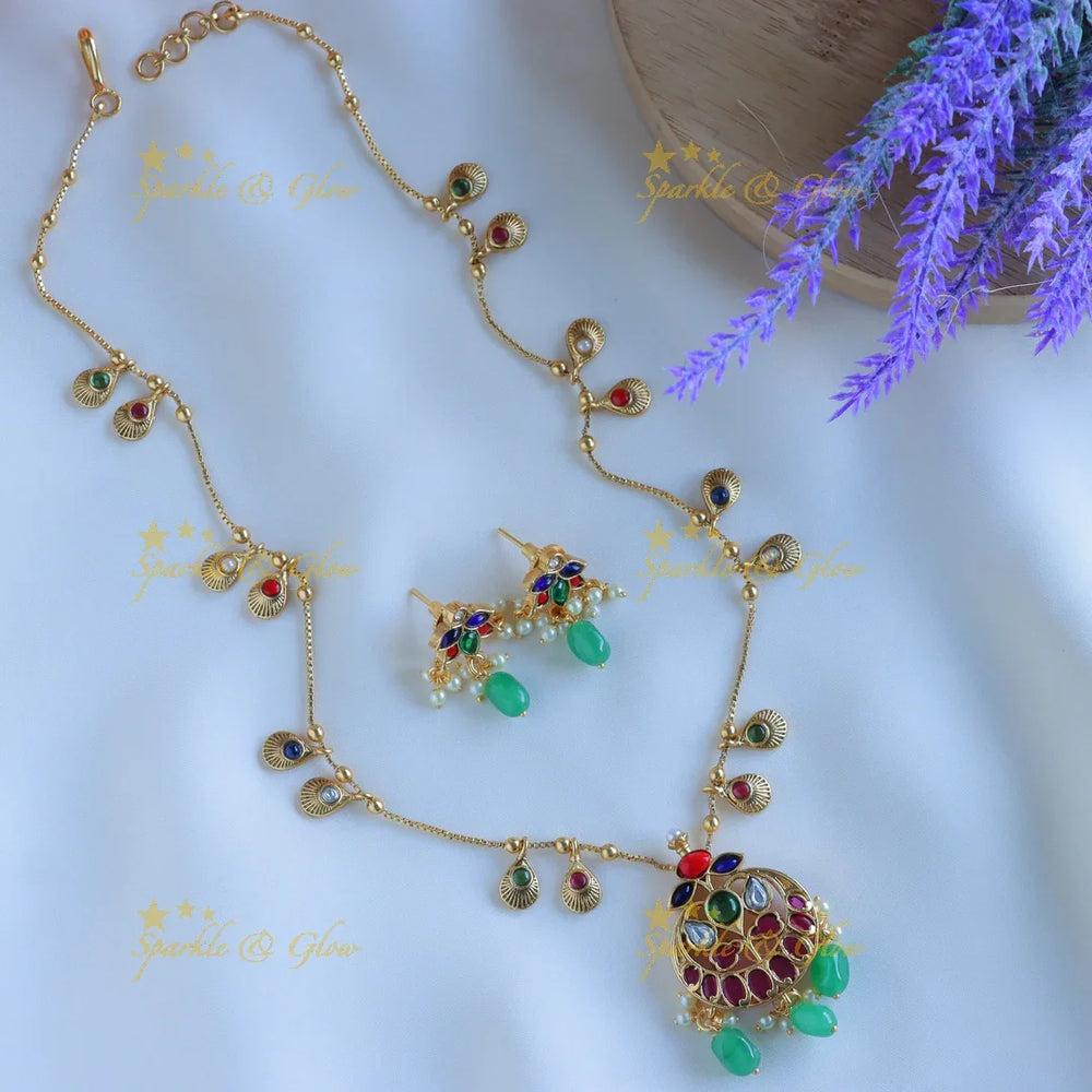 Beautiful Kemp Antique Floral pendant chain with green beads-Coral - Sparkle and Glow
