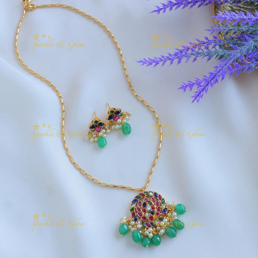 Elegant Lotus Floral pendant chain with green beads-Navarathna - Sparkle and Glow