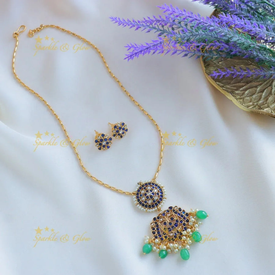Gracious Half moon Floral design Antique pendant chain with green beads - Sparkle and Glow