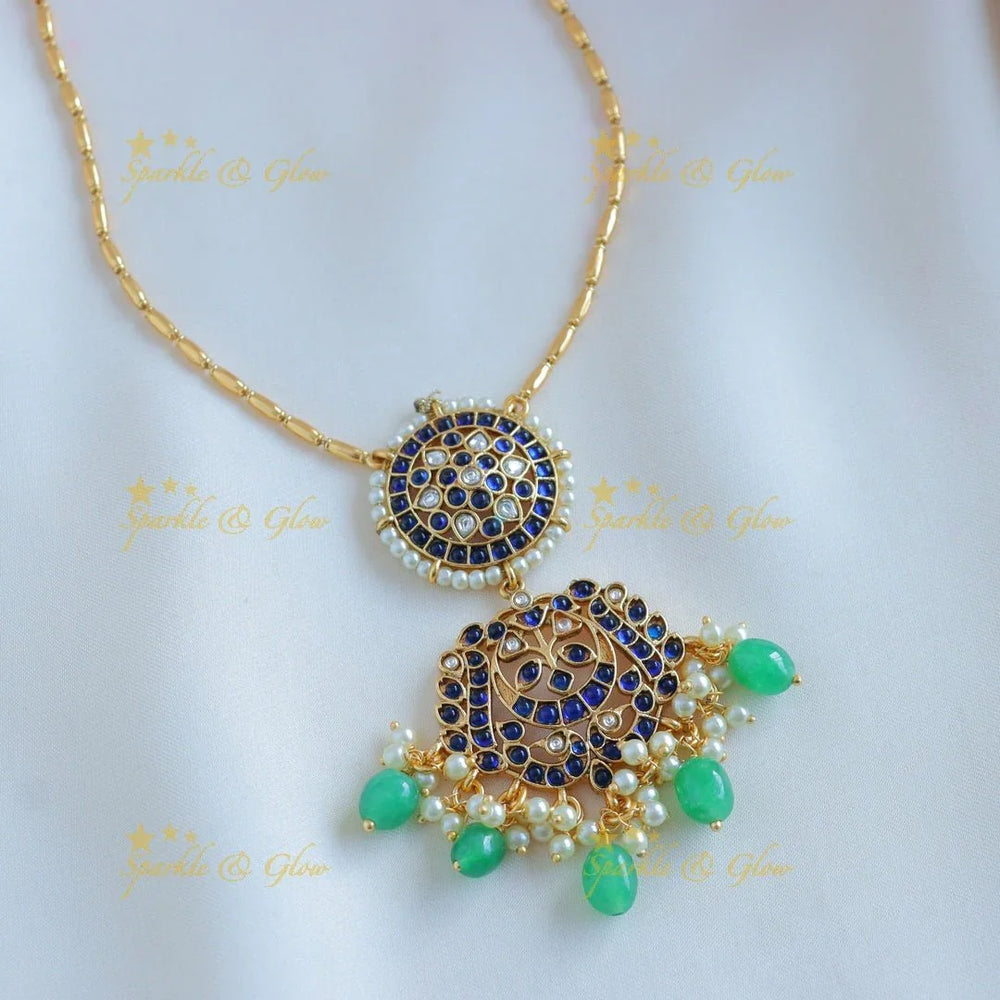 Gracious Half moon Floral design Antique pendant chain with green beads - Sparkle and Glow