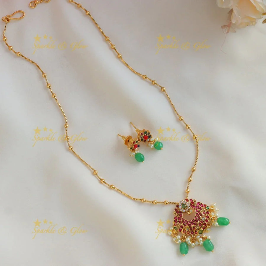 Sparkling Dual tone Peacock Floral pendant chain with gold beads-Green-multi - Sparkle and Glow
