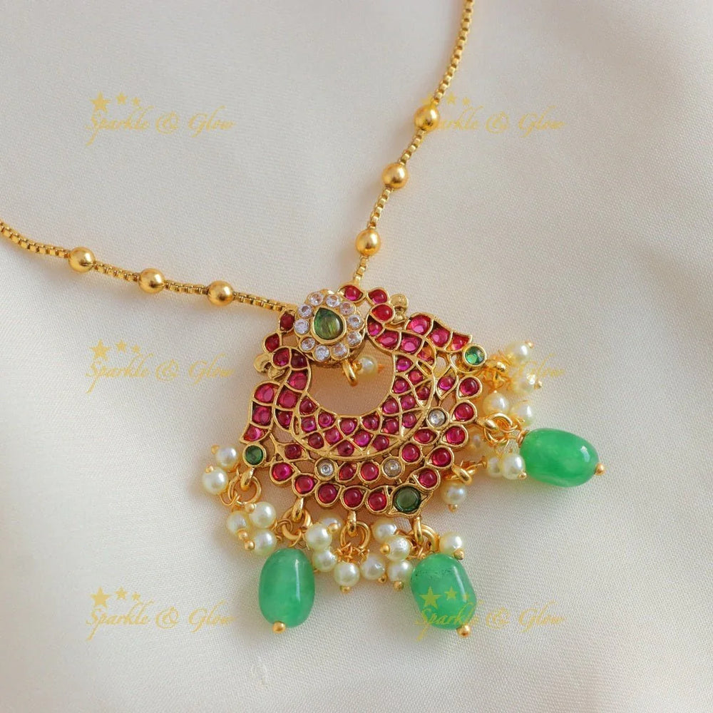 Sparkling Dual tone Peacock Floral pendant chain with gold beads-Green-multi - Sparkle and Glow