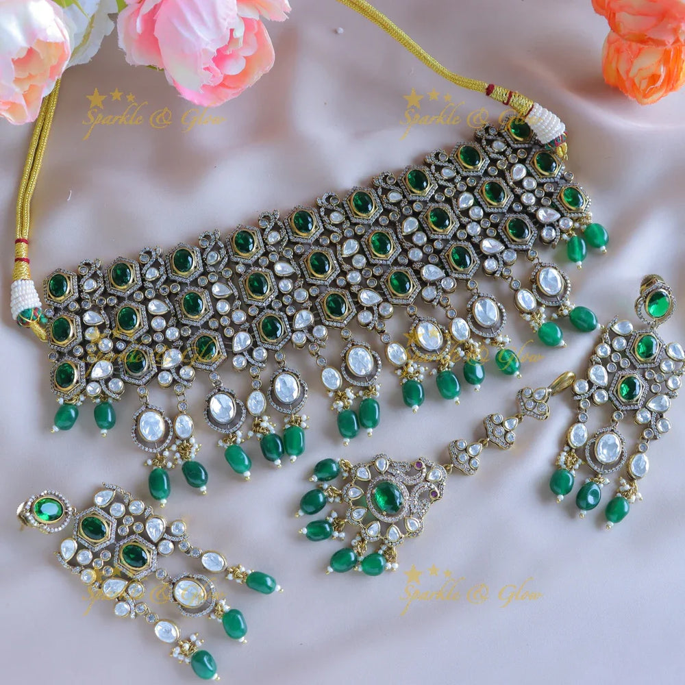 Statement Kundan Victorian AD choker with maangtikka-Voilet - Sparkle and Glow