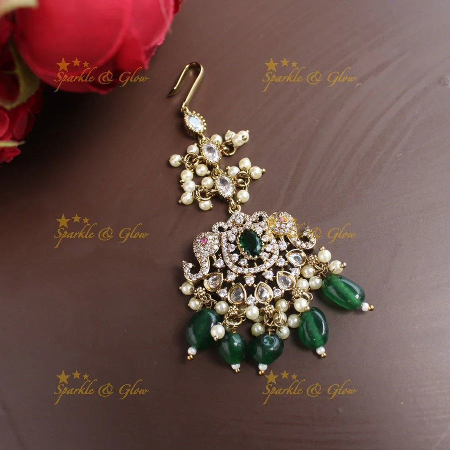Sparkling Dual tone Elephant Floral Guttapusalu Victorian AD Maangtikka - Sparkle and Glow