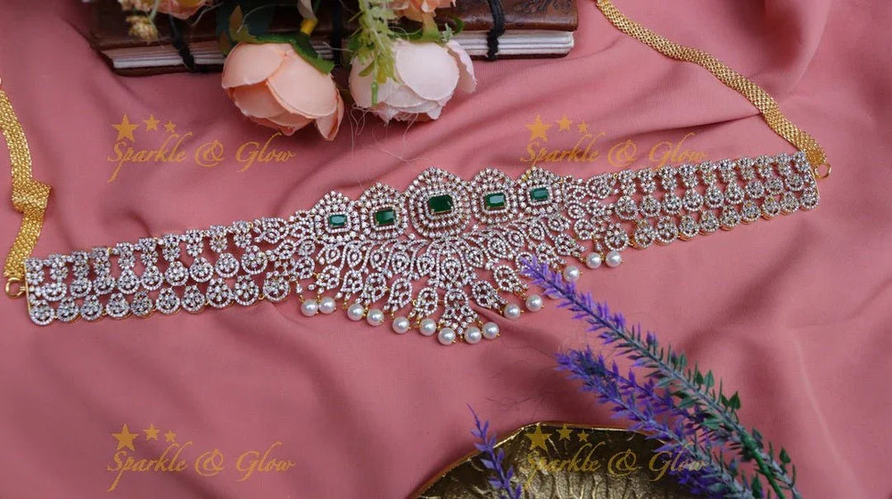 Pretty floral and mango design american diamond hip chain - Green - Sparkle and Glow
