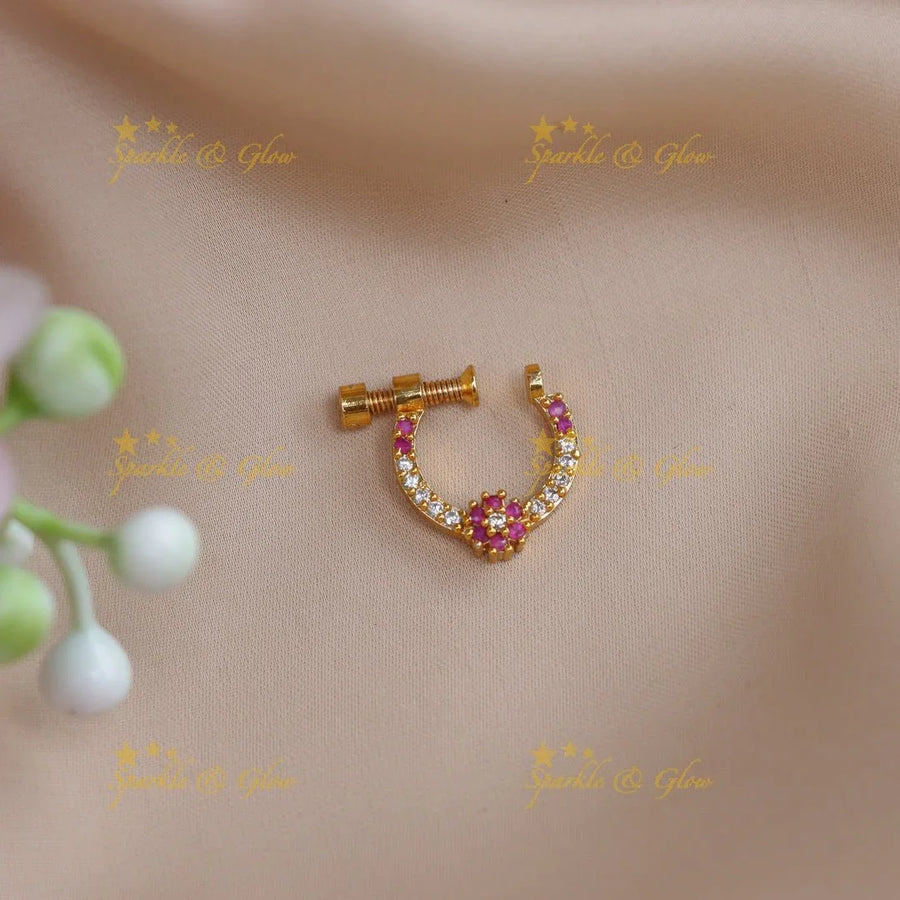 Beautiful white and pink floral nose pin - Sparkle and Glow