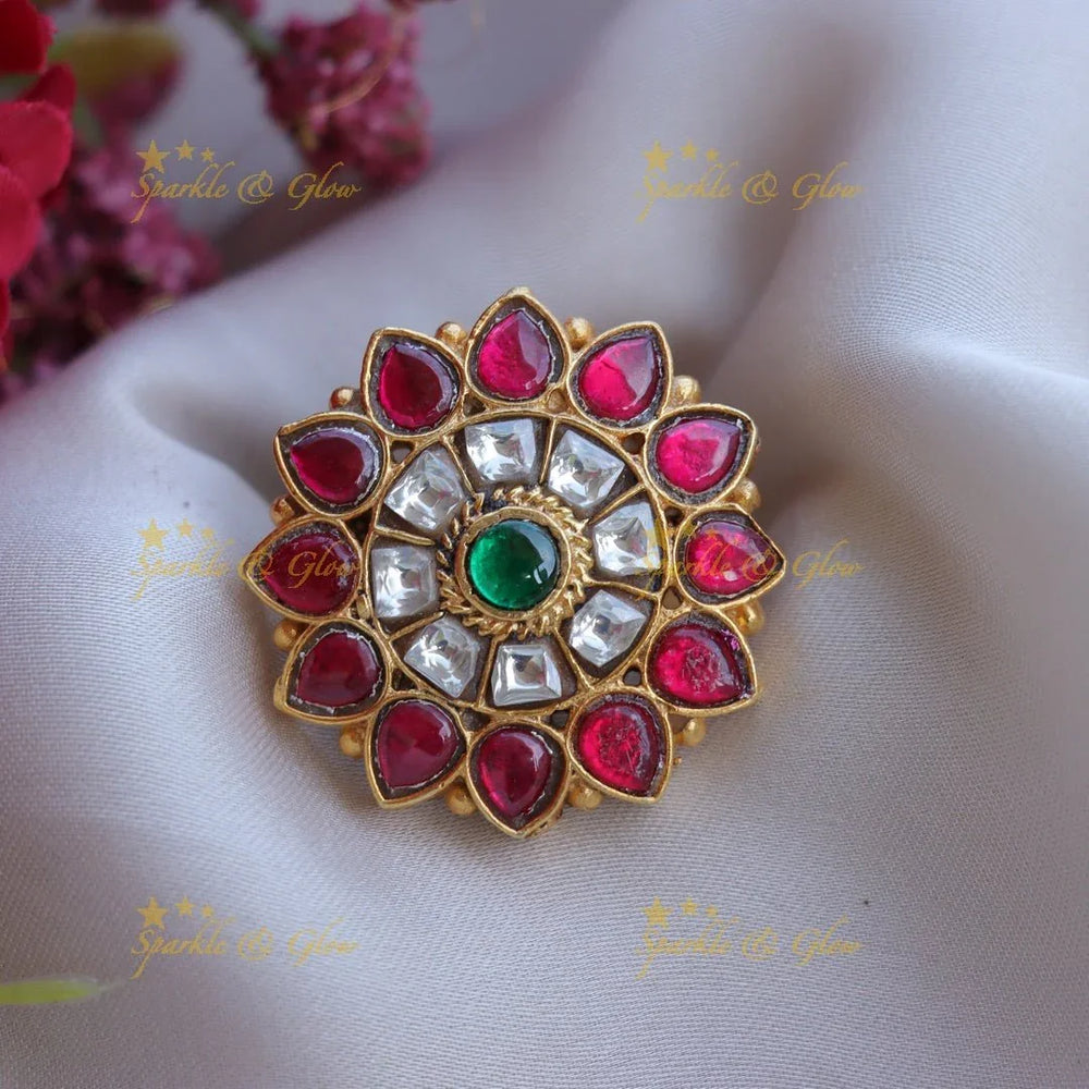 Pretty flower design jadau finger ring - Multi 1 - Sparkle and Glow