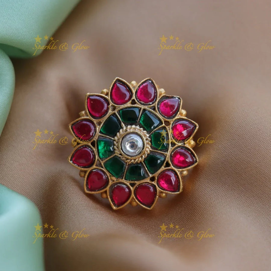 Pretty flower design jadau finger ring - Multi 1 - Sparkle and Glow