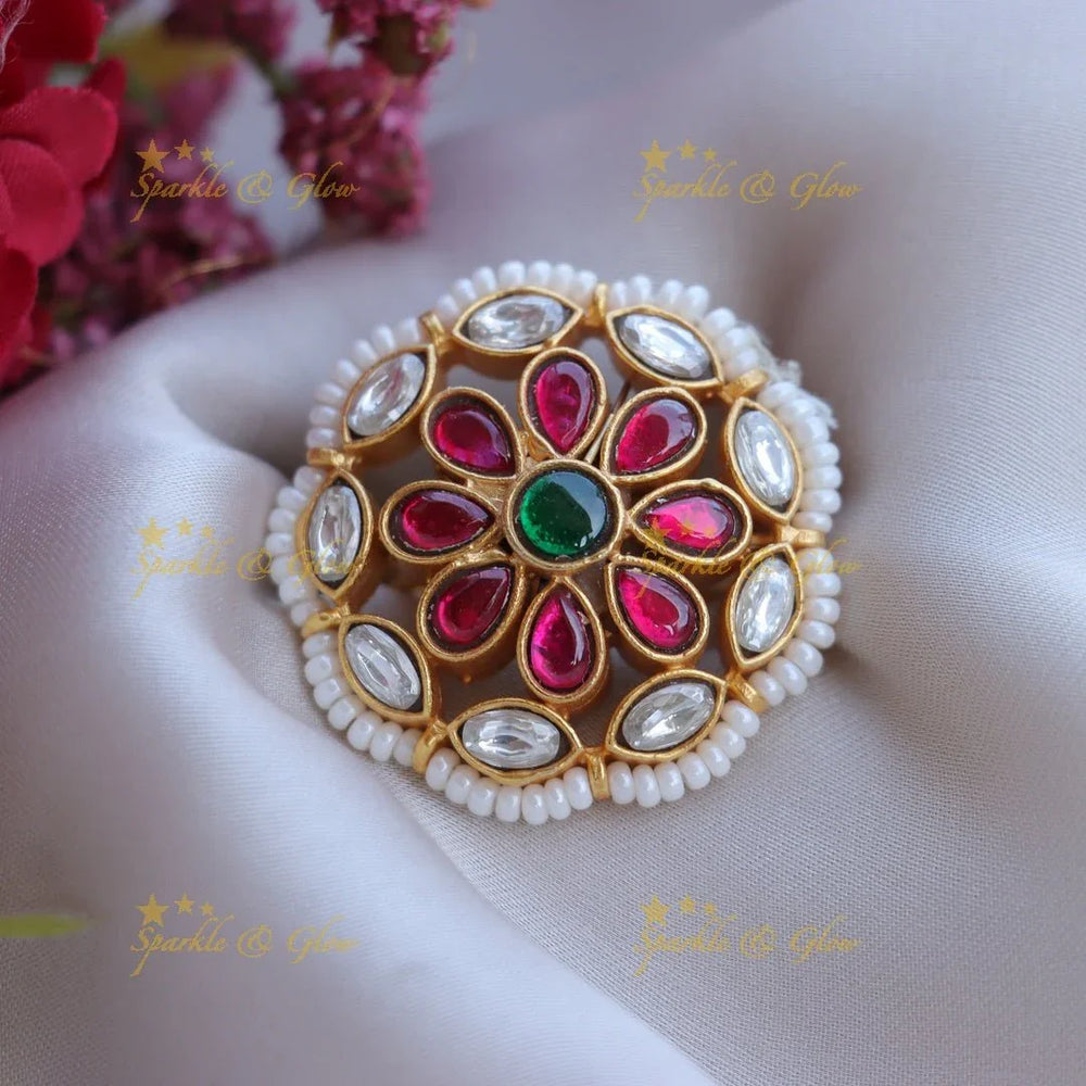 Pretty pearl outlined jadau stones finger ring - White and pink - Sparkle and Glow