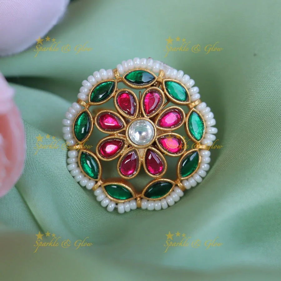 Pretty pearl outlined jadau stones finger ring - White and pink - Sparkle and Glow