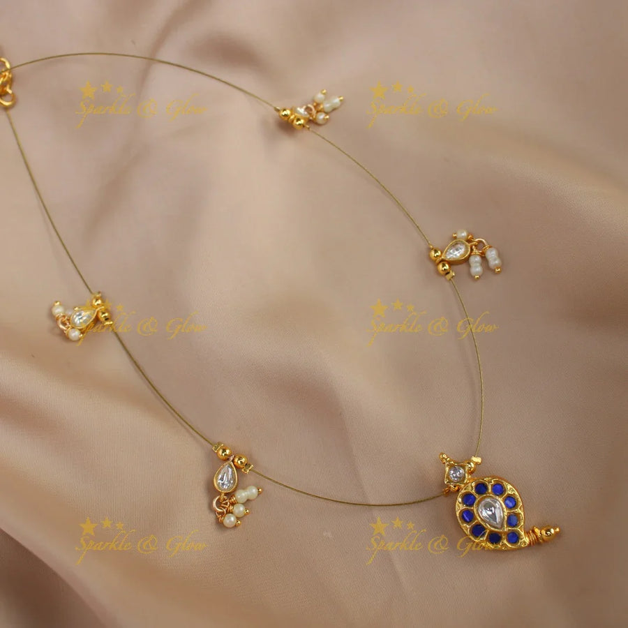 Stunning jadau mango design pendant short necklace with invisible chain - Blue - Sparkle and Glow