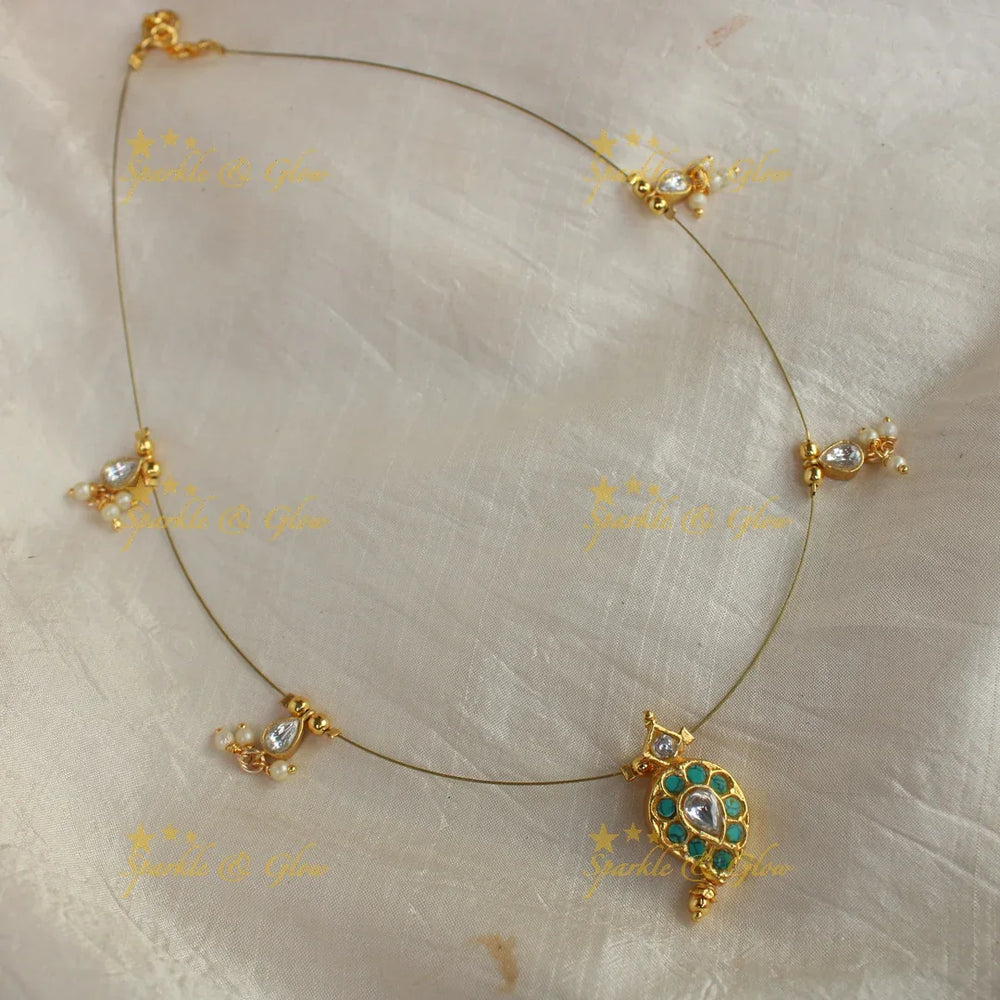 Stunning jadau mango design pendant short necklace with invisible chain - Blue - Sparkle and Glow