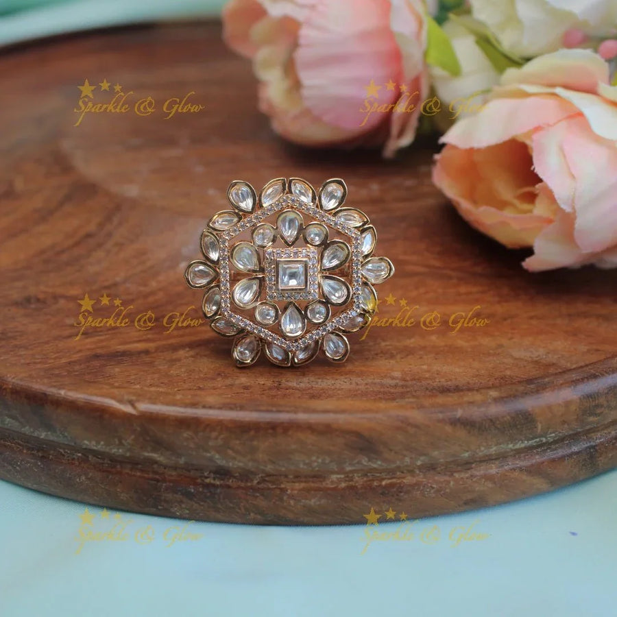 Beautiful floral design kundan stones finger ring - Sparkle and Glow