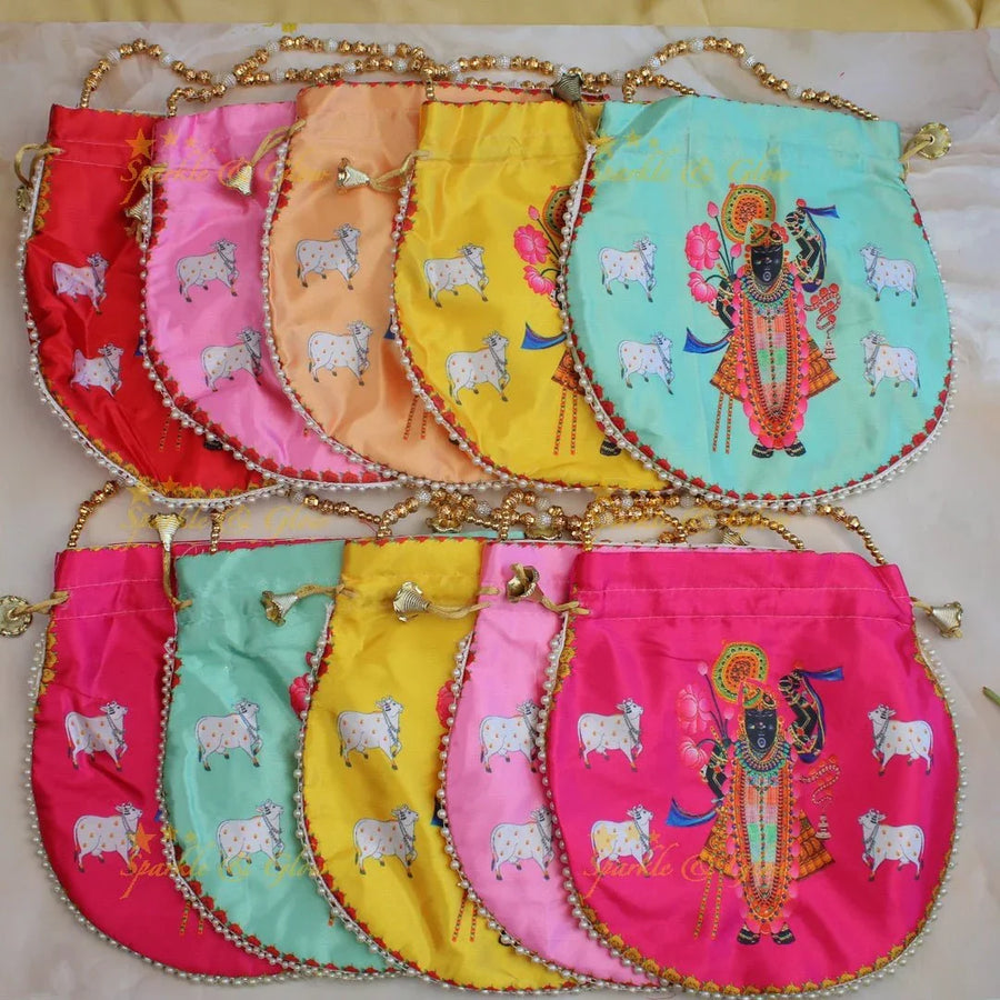 Beautiful shreenath ji printed potli bags with gold beads - set of 10 - Assorted colours for return gifts - Sparkle and Glow