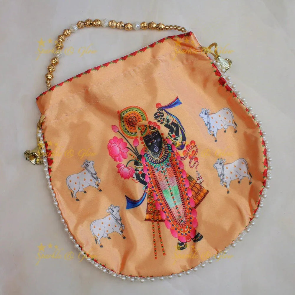 Beautiful shreenath ji printed potli bags with gold beads - set of 10 - Assorted colours for return gifts - Sparkle and Glow