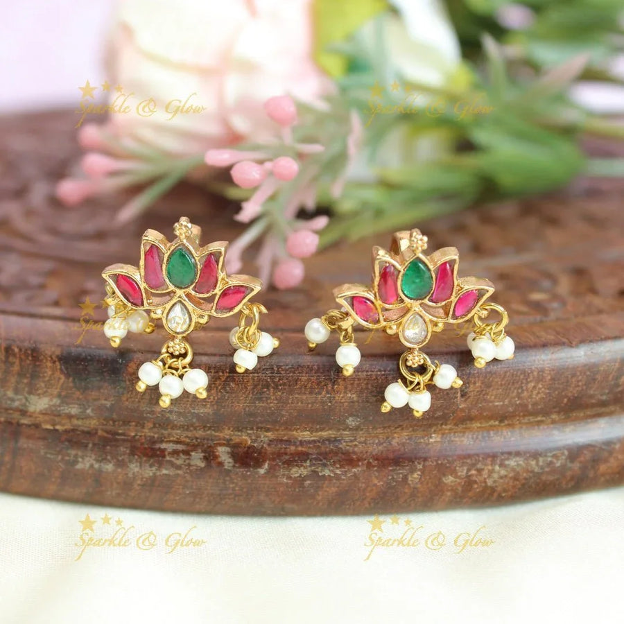 Pretty multi colour jadau stones lotus bugadi earrings - Sparkle and Glow