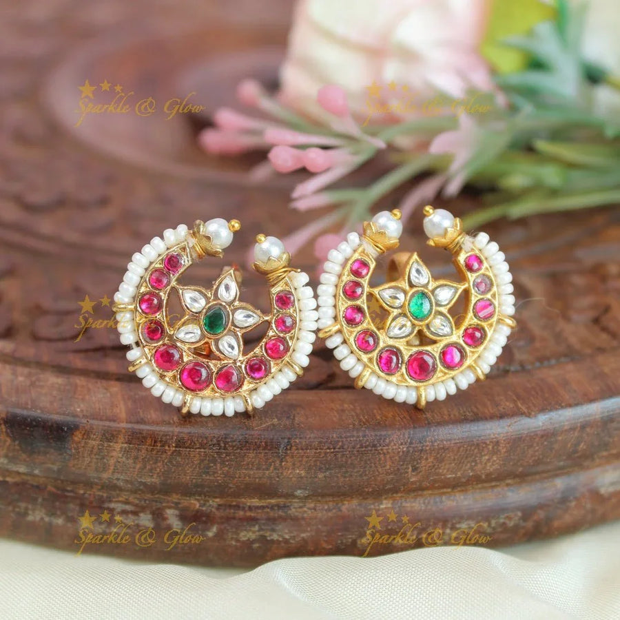 Stunning half moon and floral jadau fusion bugadi earrings - Sparkle and Glow