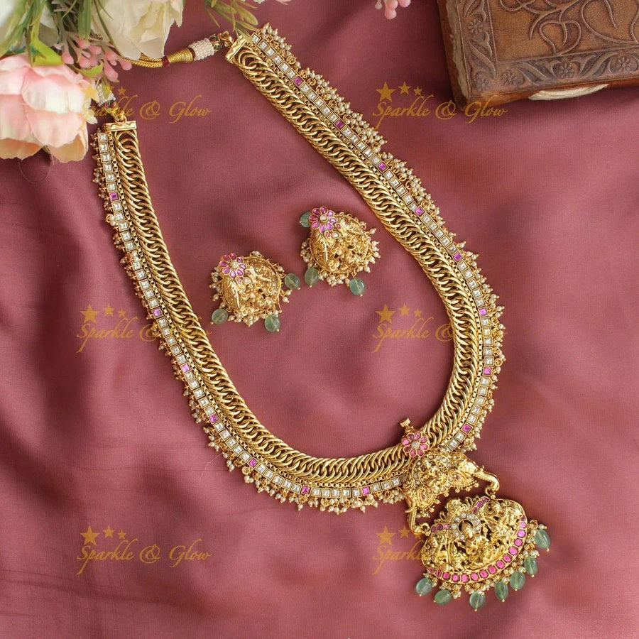 Stunning lakshmi elephant carved jadau guttapusalu long necklace with mint green beads - Sparkle and Glow